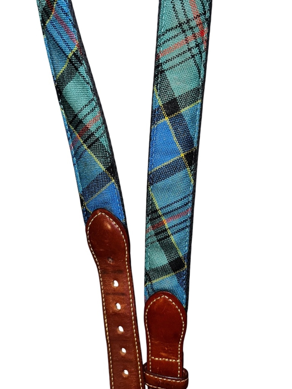 Blue green  Stewart tartan Plaid silk grosgrain leather belt 36 FALL HOLIDAY